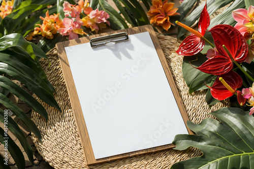 Luxurious Summer Business Travel Setup with Blank White Paper on Wooden Clipboard Surrounded by Tropical Flowers and Sunset Glow

 photo
