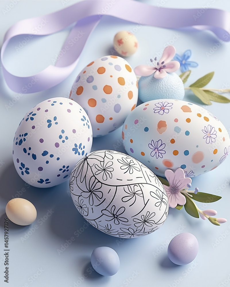 Whimsical Easter Concept in Flat Lay with Hand-Drawn Eggs, Floral Doodles, and Pastel Ribbons on Cool Blue and Lavender Background for Refreshing Holiday Design
Whimsical Easter Concept in Flat Lay with Hand-Drawn Eggs, Floral Doodles, and Pastel Ribbons on Cool Blue and Lavender Background for Refreshing Holiday Design