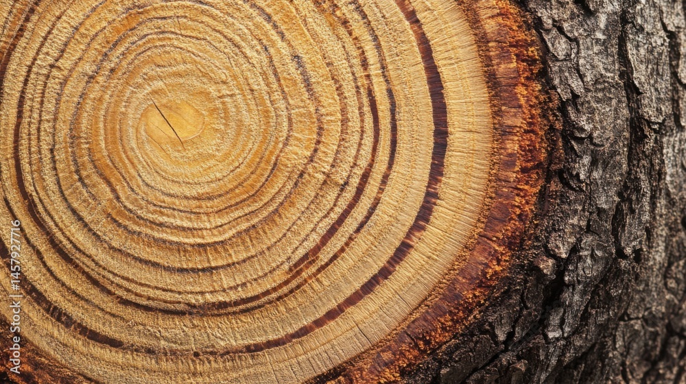 Naklejka premium Cut Tree Trunk with Growth Rings and Bark Detail
