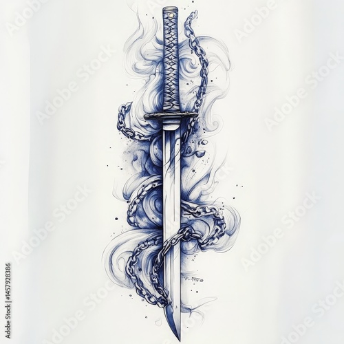 katana, draw, asian, cut, Japan, smoke, black and white, chain, weapon