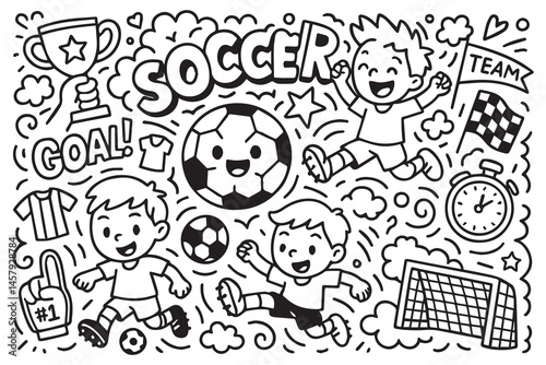 Black and white vector doodle background with soccer balls, players in action, goalposts, whistles, cheering fans, scoreboards, and energetic match scenes.