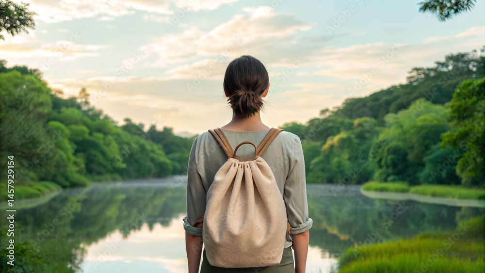 Fototapeta premium Eco-Friendly concept. Person gazing at a serene lake surrounded by lush greenery.