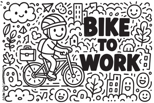 Bike to work themed black and white doodle vector showing people cycling, cityscapes, backpacks, sunrise, helmets, and simple sustainable transportation symbols.