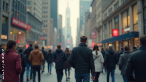Wallpaper Mural Blurred, bustling city street scene with a large crowd of pedestrians walking in various directions, tall buildings lining the sides, and a slightly muted, overcast lighting. Torontodigital.ca