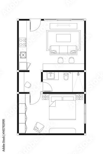 Tiny House or Apartment Floor Plan, Furniture Layout with Living, Dining, Kitchen, and Bedrooms. Vector Lines Black on White Background. 10