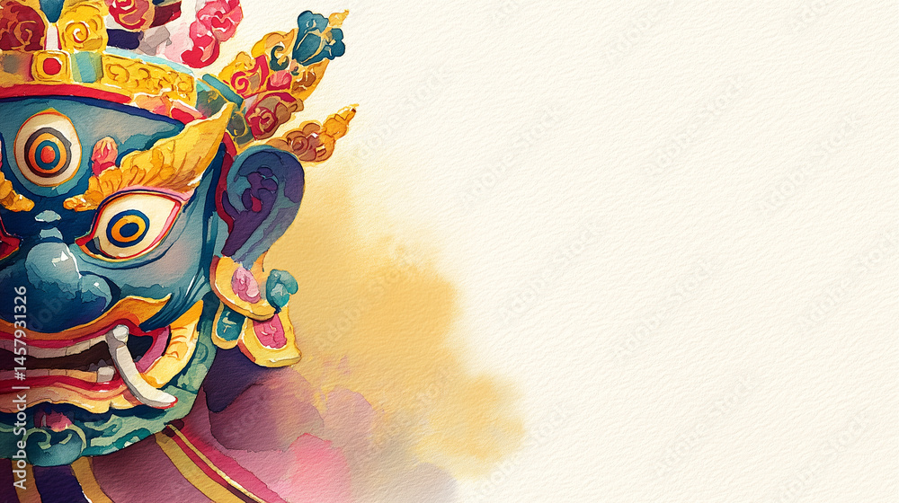 Obraz premium Watercolor Banner of Traditional Hemis Festival Accessories Featuring Cham Mask Perak Headpiece Against Orange Beige Gradient Background