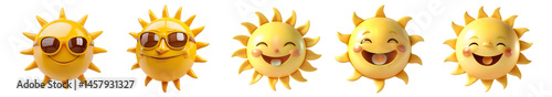 Sun 3D character set. Happy yellow sun emoji with smiled face and sunglasses, cut out, transparent PNG