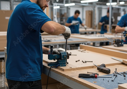Skilled hands assemble furniture, precision and craftsmanship evident in every detail. A factory setting hums with focused energy. photo