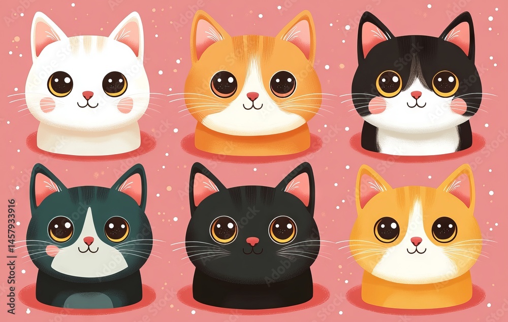 Pastel Cute Cat Face Icon Set on Pink Background Vector Illustration Pastel Cute Cat Face Icon Set on Pink Background Vector Illustration