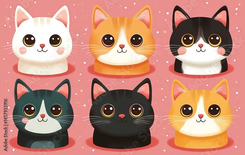 Pastel Cute Cat Face Icon Set on Pink Background Vector Illustration