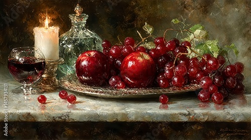 Still Life with Apples Grapes and Candle A Classic Composition of Fruits Wine and Glasswar