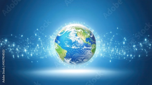 Earth Globe surrounded by Digital Network Connections on Blue Background Graphic Illustration