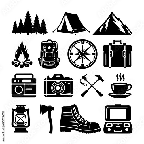Camping elements black silhouette set