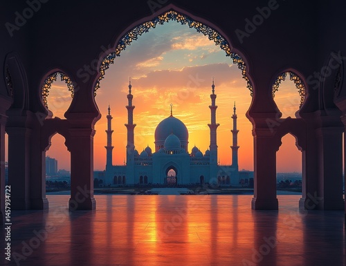 Photorealistic Mosque Silhouette with Sunset in Window and Blank Background for Text