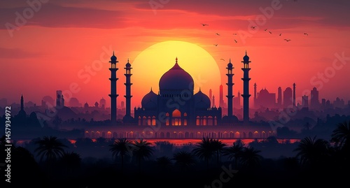 Vector Silhouette of Arabian City with Mosque at Sunset in Flat Design Style