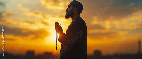 Silhouette of Muslim Man Praying with Rosary in Sunlight Banner Design