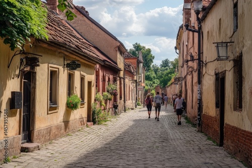 Charming cobblestone street in historic European village with old buildings, colorful facades, and tourists strolling under blue sky
