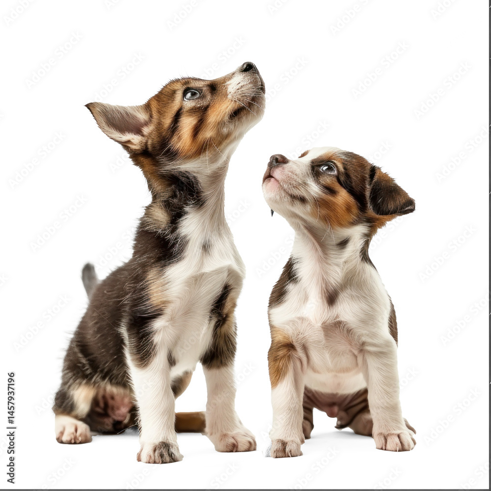 Obraz premium Curious Kitten and Puppy standing looking up same direction isolate on white background,