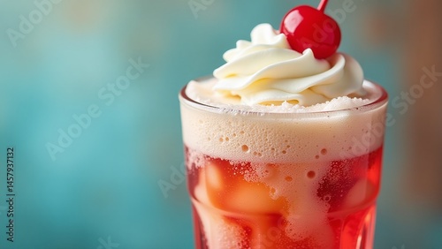 Ice Cream Soda Day, Close-up of a glass of ice cream soda with fizzy bubbles, Vibrant colors of syrup and cream blending together, Classic vintage soda drink