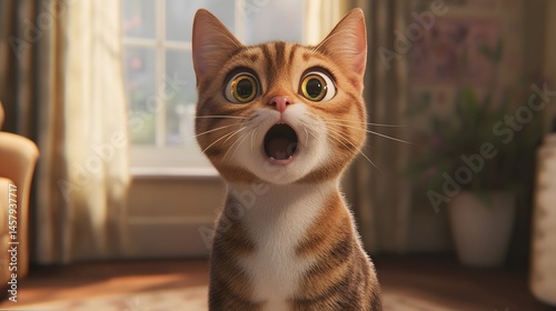 Animated cat with wide-eyed expression.