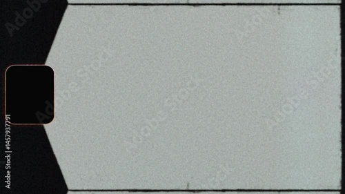 Blank Super 8 Film Strip Frame with Dusty Perfs and Soft Edge Halation Super 8mm Film Frame Overlay with Perforation Holes, Flickering Reel Texture, Vintage Grain Artifacts, and Dirty Analog Aesthetic