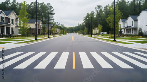 Residential neighborhood street perspective featuring a crosswalk on a quiet thoroughfare