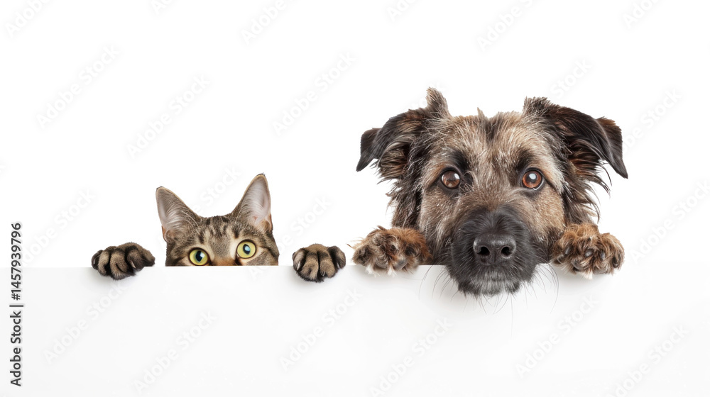Fototapeta premium Dog and cat peeking over a blank white board isolate on white background