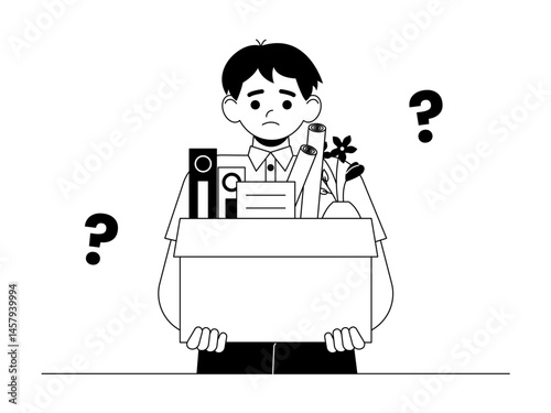 Job loss due to being fired from company without any clear reason. Social issue vector illustration. Black and white style. Flat and outline illustration concept.