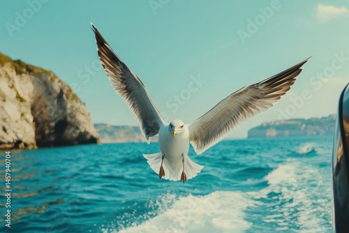 ultra HD picture of closeup shot of a seagull flying low over the sea level