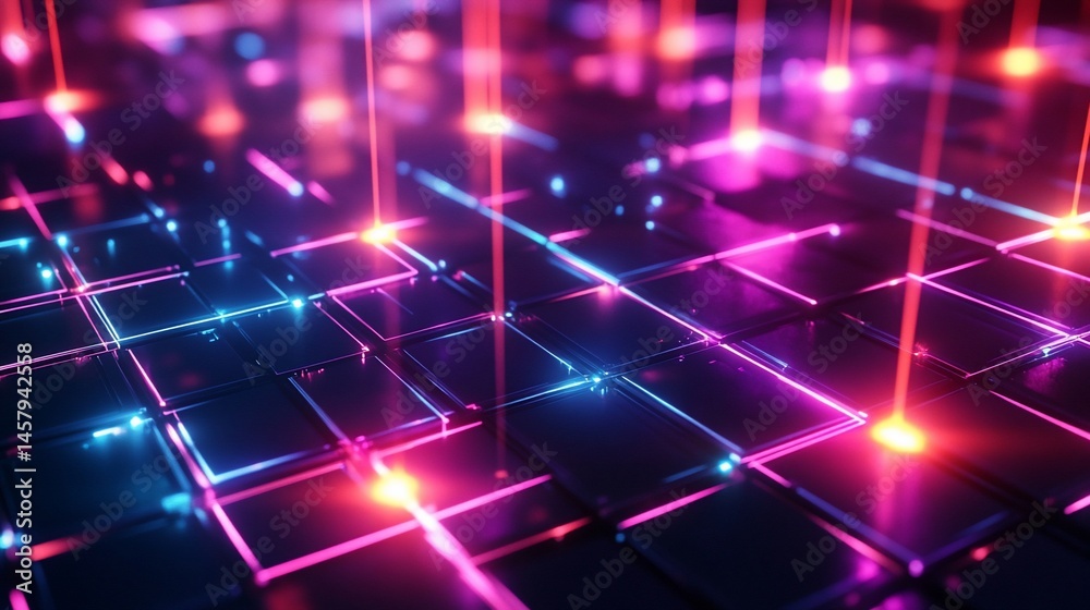 Fototapeta premium Futuristic Data Transmission Network with Neon Grids and Laser Beams