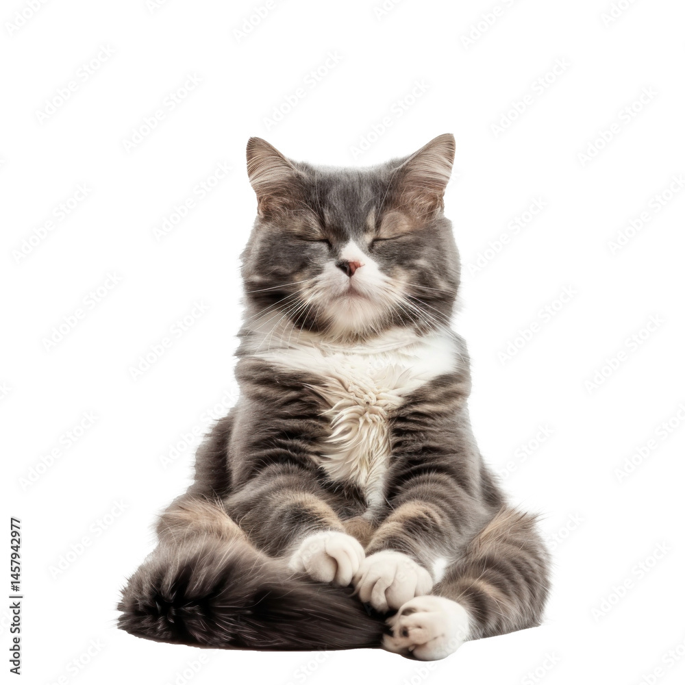 Fototapeta premium cat doing yoga meditation, full body isolate on white background