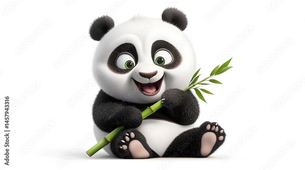 Obraz premium Animated panda character happily holding bamboo.