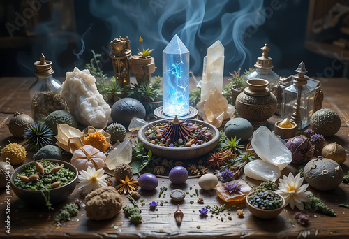 Magical altar decorated with crystals, herbs, and mystical objects in a dimly lit room during a ritual setting