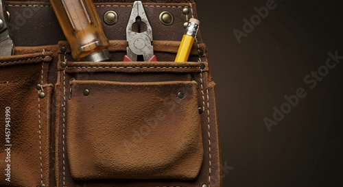 Close-up view of a brown leather tool belt filled with essential hand tools like a chisel, pliers, and a pencil, ready for work.