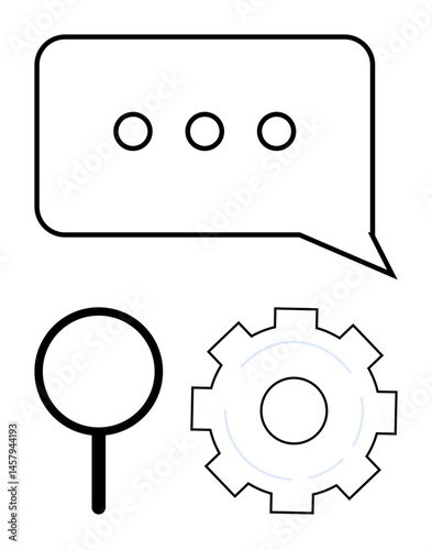 Speech bubble, magnifying glass, and gear represent communication, search, and operation settings. Ideal for concepts of analysis, problem-solving, innovation, usability teamwork guidance