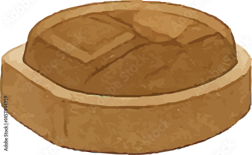Digital illustration of a round, rustic loaf of bread with a distinct shape and texture, showcasing its golden-brown crust and homemade appearance