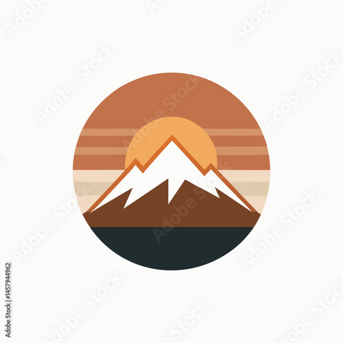 A minimalistic logo of a mountain with a rising sun, using flat design and earthy tones.