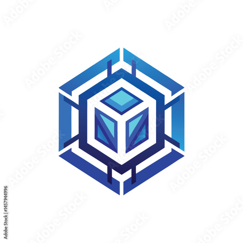 A modern tech company logo with geometric shapes and blue gradients.
