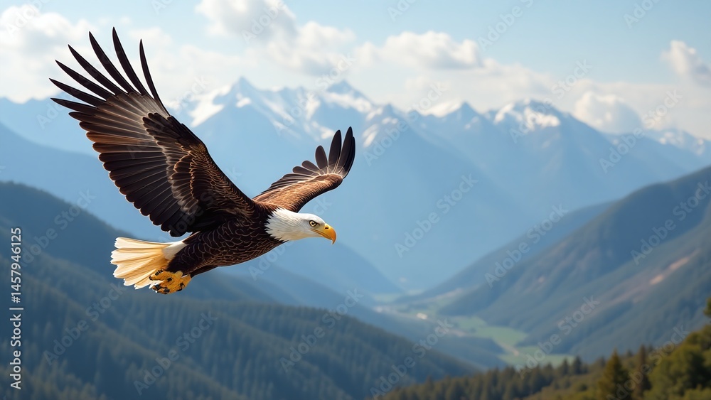 Fototapeta premium National American Eagle Day, Majestic bald eagle soaring over a vast landscape, Symbolizing freedom and strength, Iconic bird of the United States in flight