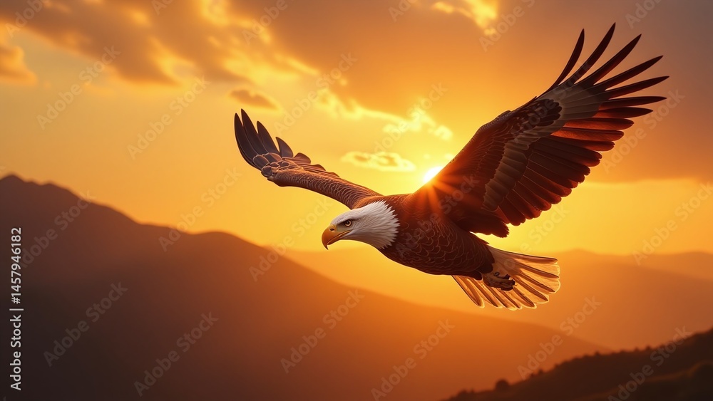 Obraz premium Bald eagle flying at sunset over mountain range photo with dramatic orange sky and brown wings for nature background, wallpaper, wildlife advertisement, and print design