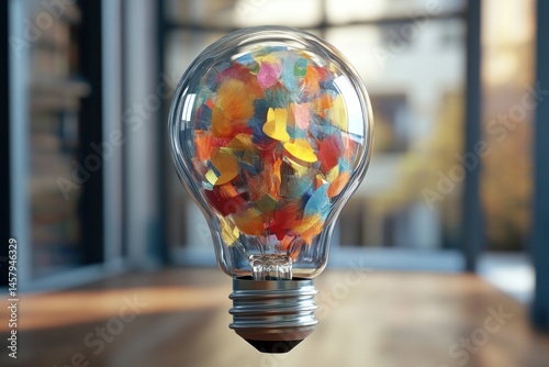 transparent light bulb filled with colorful abstract shapes, symbolizing ideas, 3d render photo