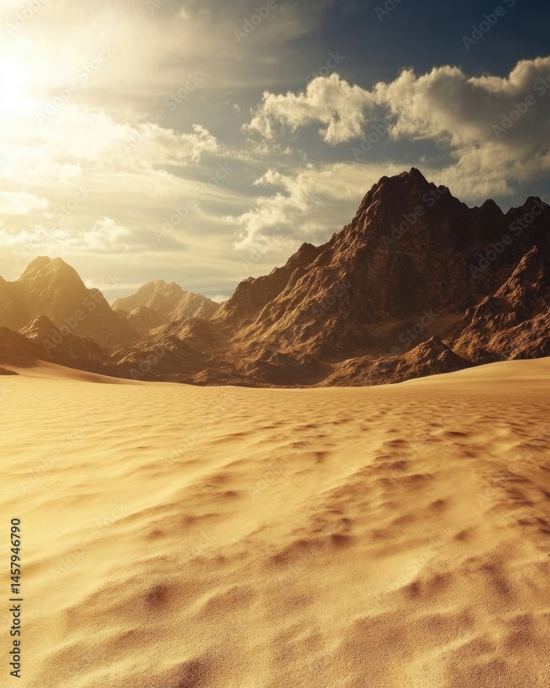 Naklejka premium Vast desert landscape with mountain range under a cloudy sky wide angle scenic view of arid terrain