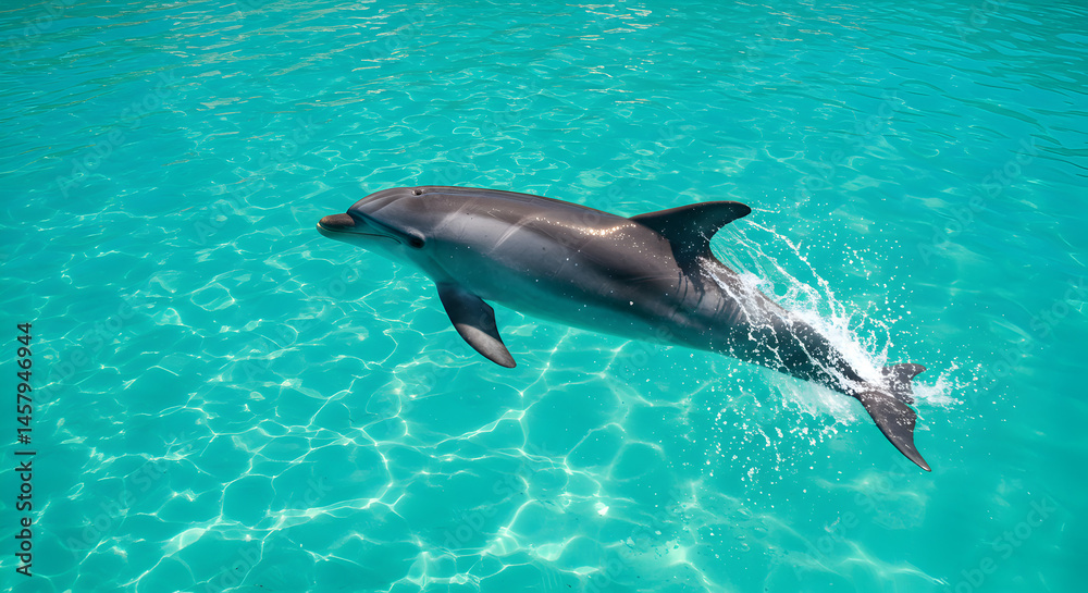 Naklejka premium Dolphin Swimming Gracefully in Turquoise Ocean Water under Bright Sunlight at Tropical Island