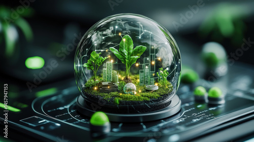 Futuristic terrarium encapsulates miniature cityscape with glowing technology, symbolizing sustainable development and climate change awareness. scene is vibrant and innovative