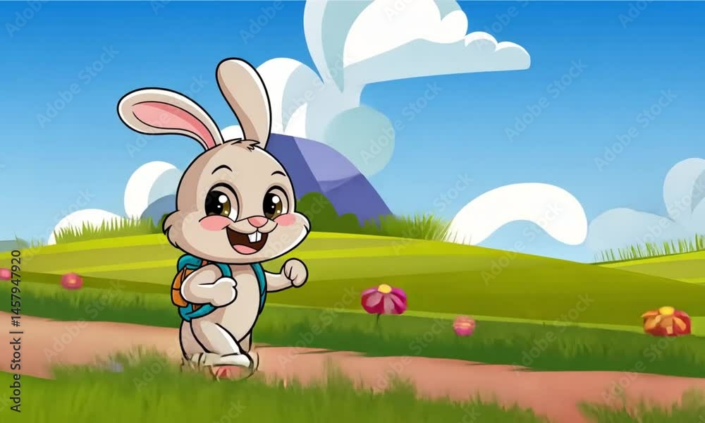 Cartoon style Cute white rabbit peeking over grassy hill in Easter themed animation, Easter bunny moving and playing with landscape background