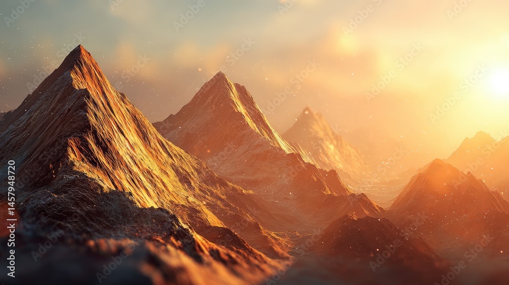 Naklejka premium Majestic Golden Mountains at Sunset with Warm Light Glow