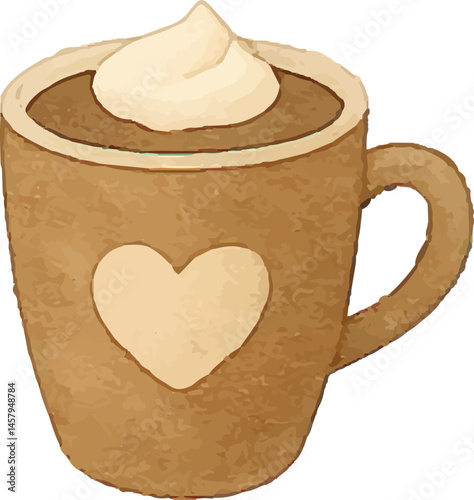 Digital illustration of a cozy coffee cup with whipped cream on top, featuring a heart-shaped design, perfect for a warm and heartwarming drink