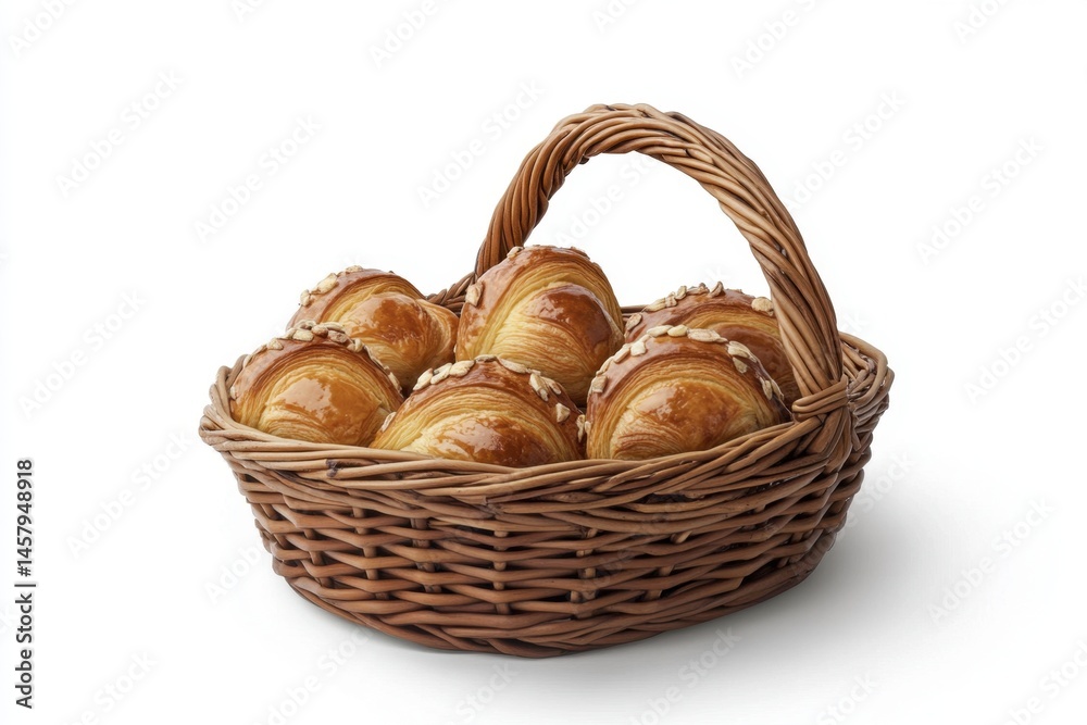 Close up of almond croissants in a wicker basket on a white background studio shot food photography Close up of almond croissants in a wicker basket on a white background studio shot food photography