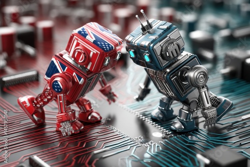 Tech Robots Draped in National Flags Compete Over Circuit Boards in a High-Stakes Digital Conflict Generative AI photo