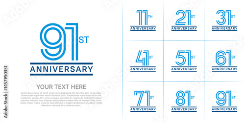 Anniversary logo style double line number set. blue color on white background for celebration event